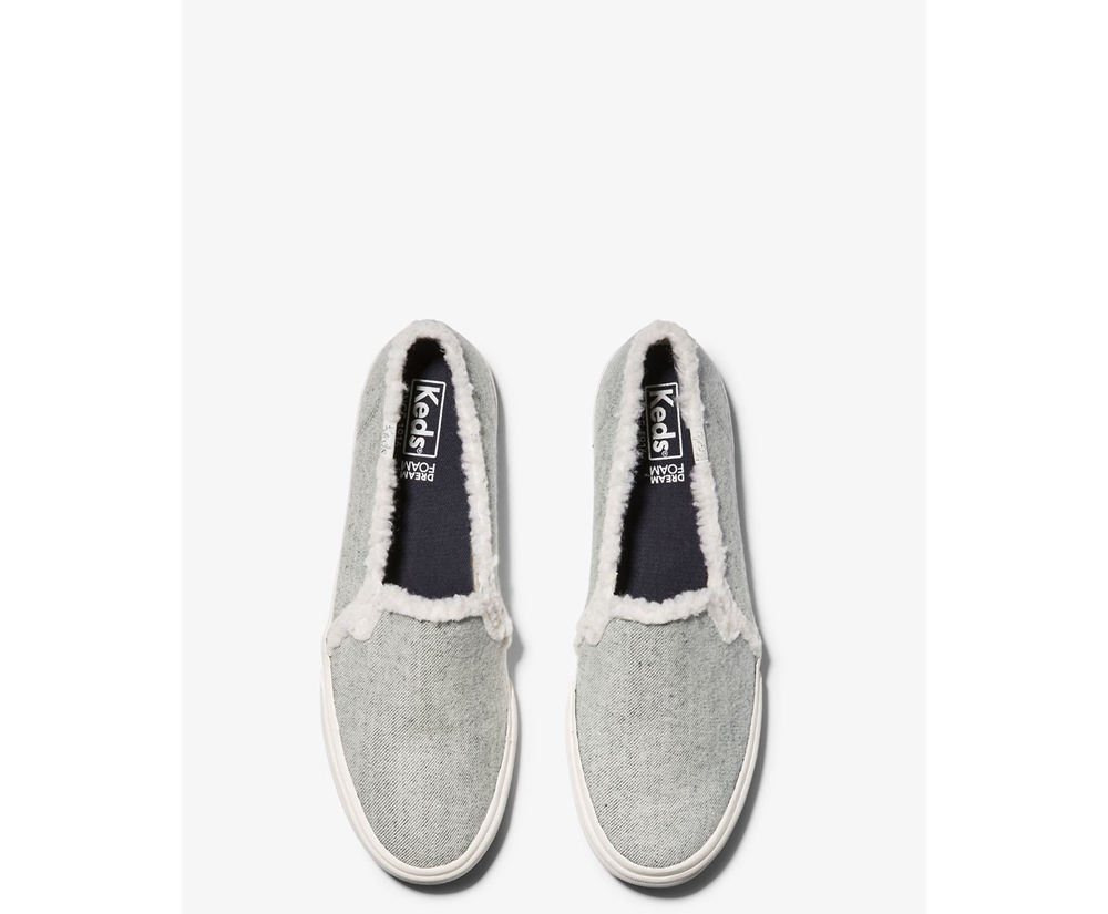 Keds Slip Ons Grey - Double Decker Brushed Denim Faux Shearling - Womens VQDXEH-074